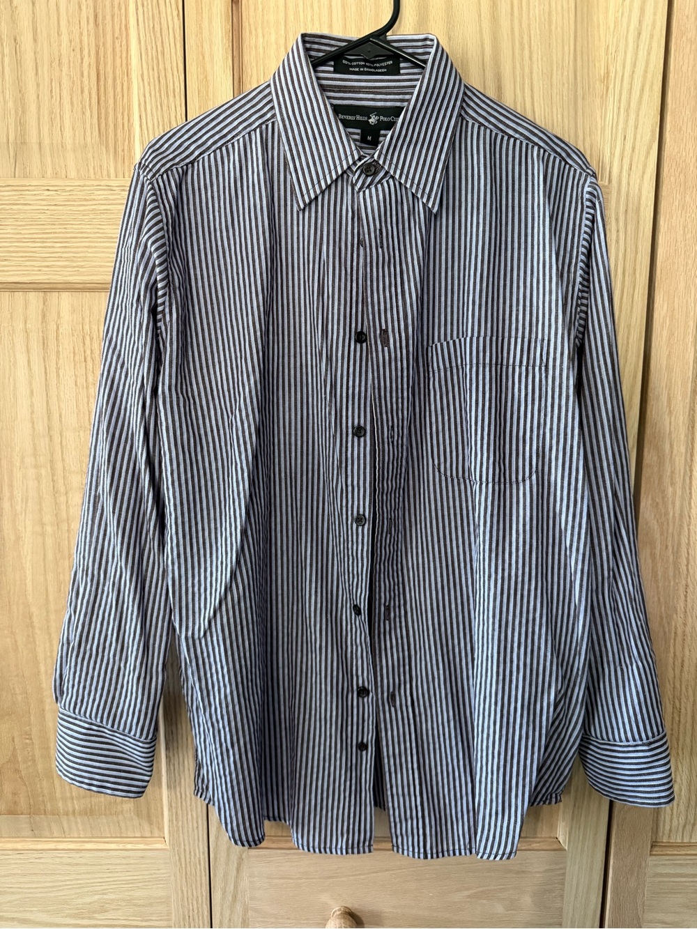 Beverly Hills Polo Club Brown, Light Blue, & White Vertical Stripe Dress Shirt